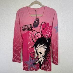 Christian Audigier Crystal Rock Y2K Shirt Women Large Rocker Girl Tee Tunic Top
